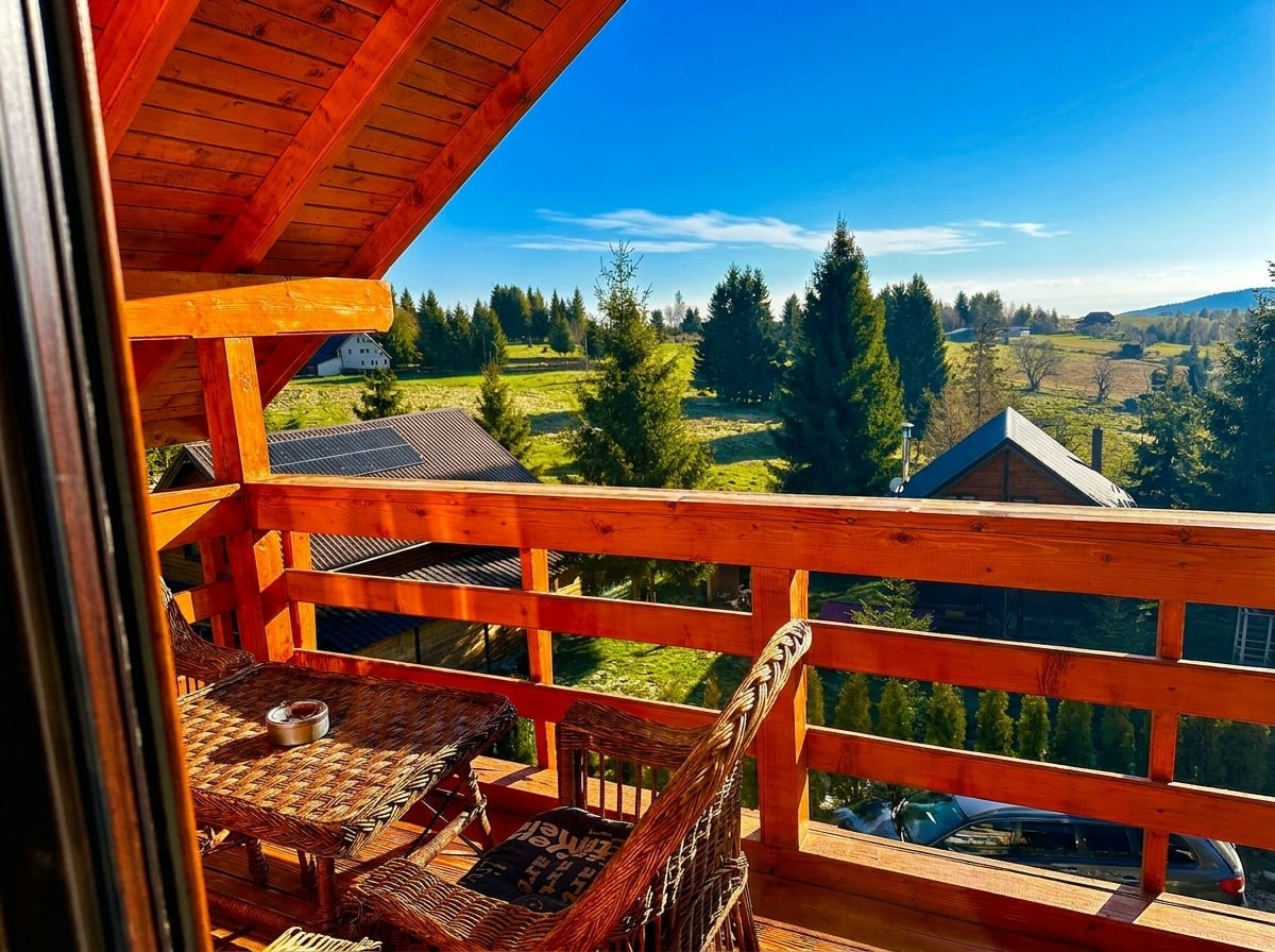 Vedere de pe balcon spre pajiști și brazi, cu mobilier de răchită