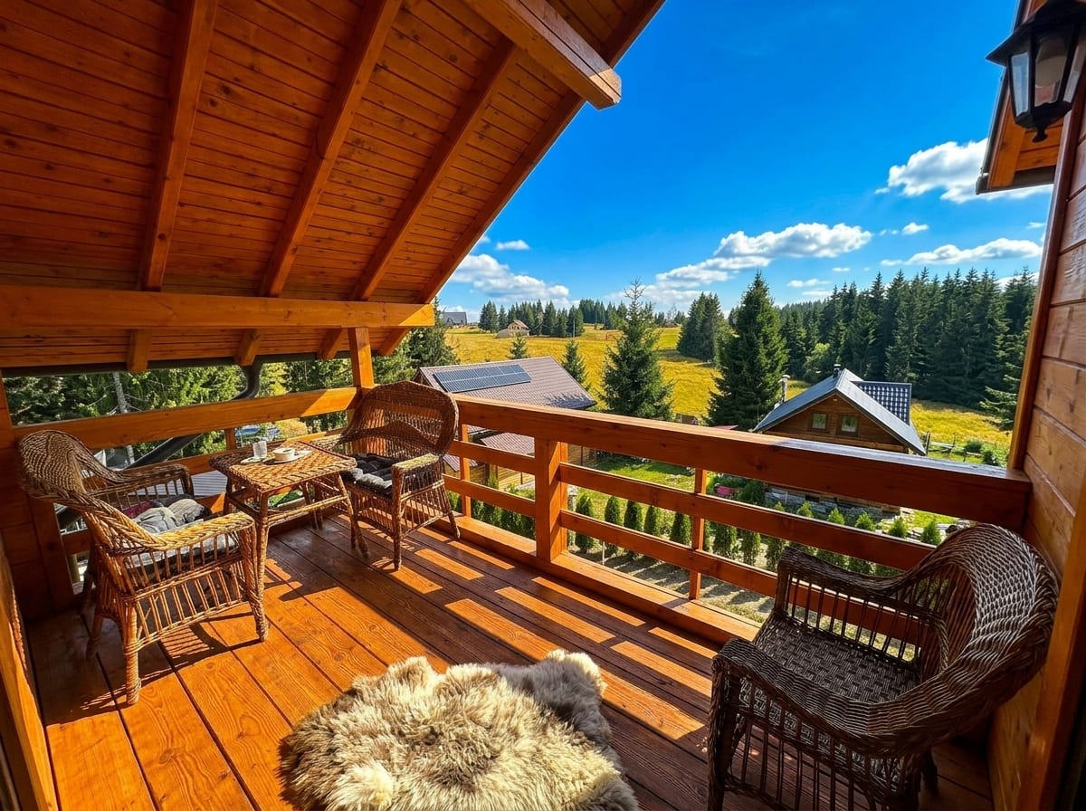 Balcon cu balustradă din lemn, vedere la pajiști