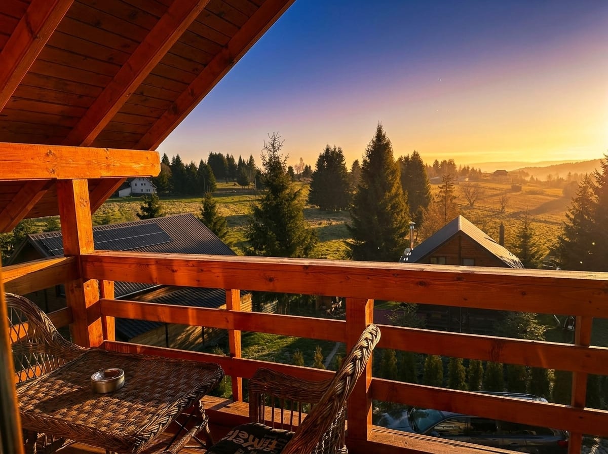 Balcon, detaliu cu vedere spre munți