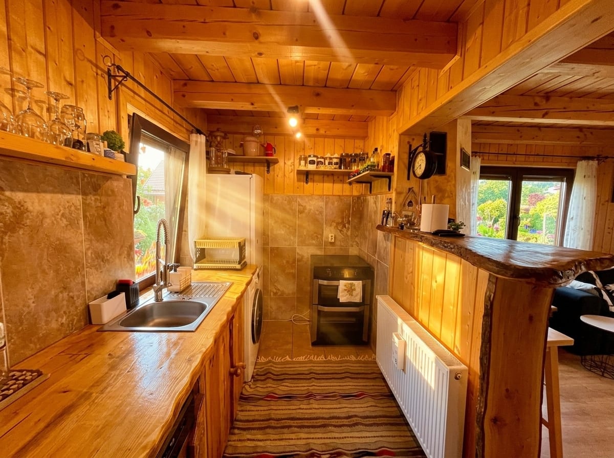 Bucătărie cu mașină de spălat, radiator și mobilier rustic