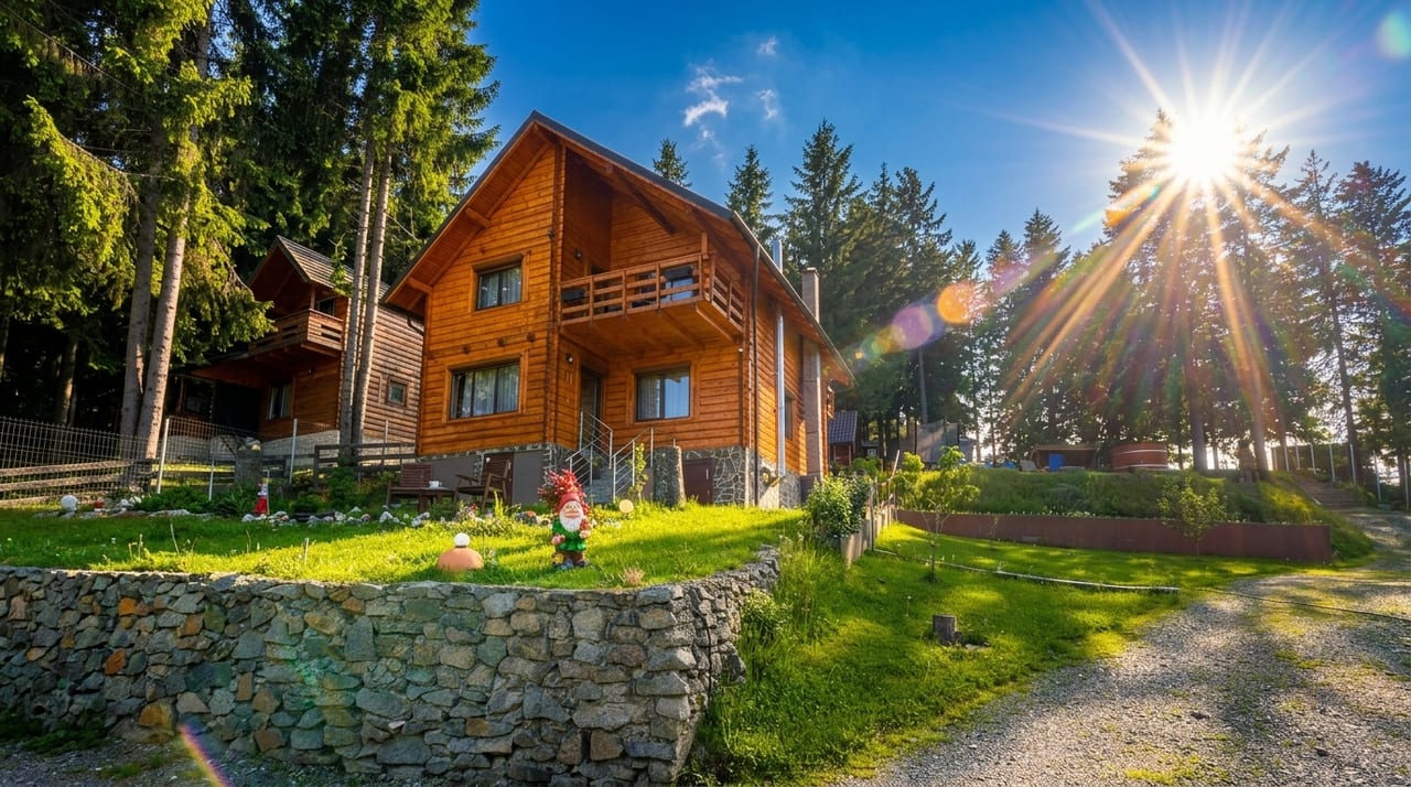 Cabana Apuseni N&D la apus, soare auriu printre brazii din Mărișel, Munții Apuseni