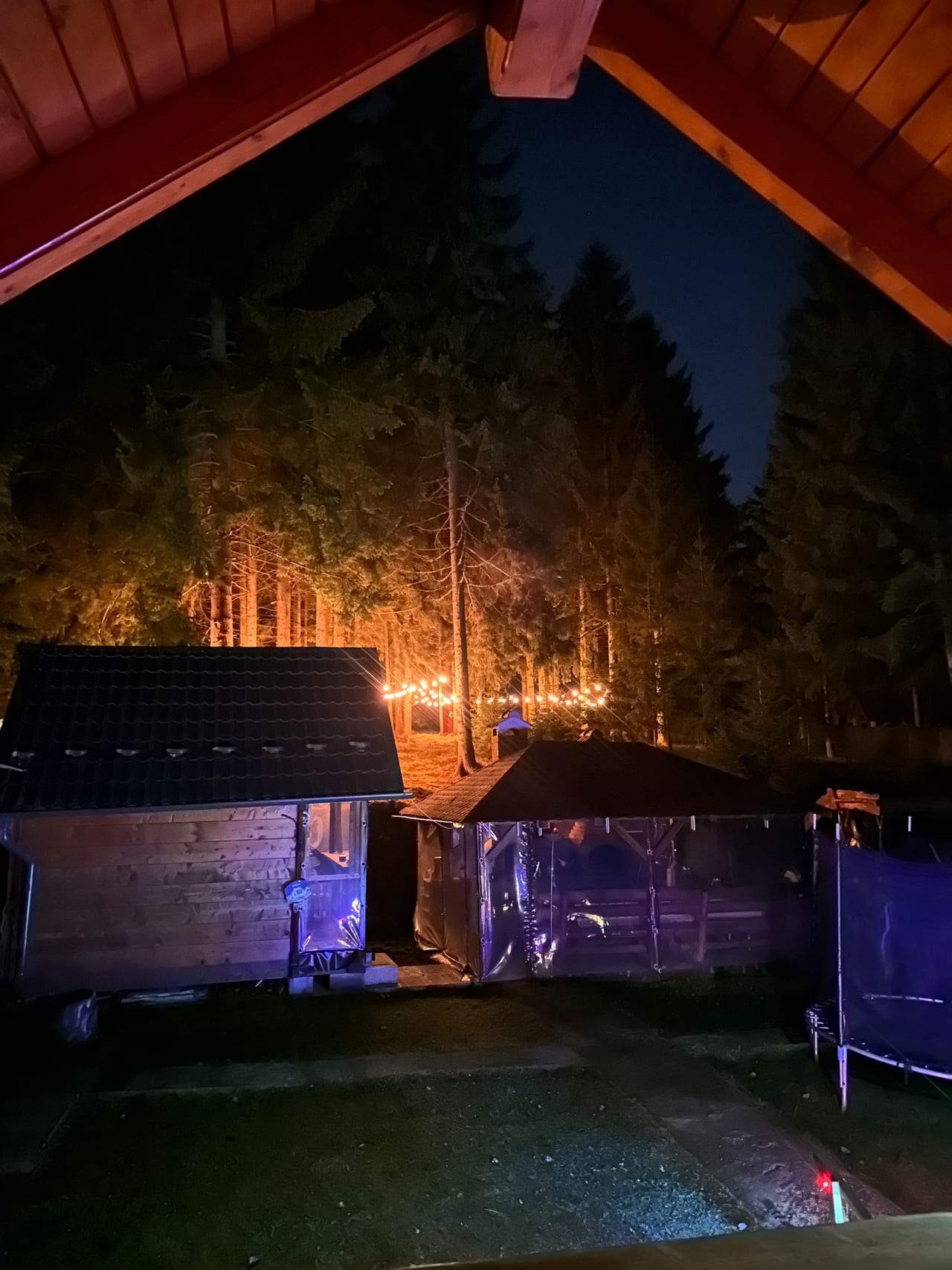 Cabana noaptea, lumini calde aprinse, beculețe între brazi